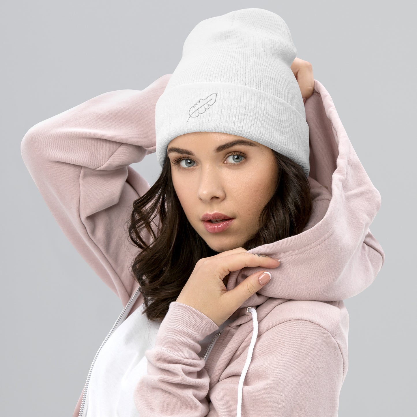 Feather Cuffed Beanie (White)