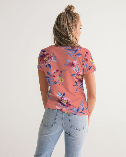 Peach Floral Women's V-Neck Tee