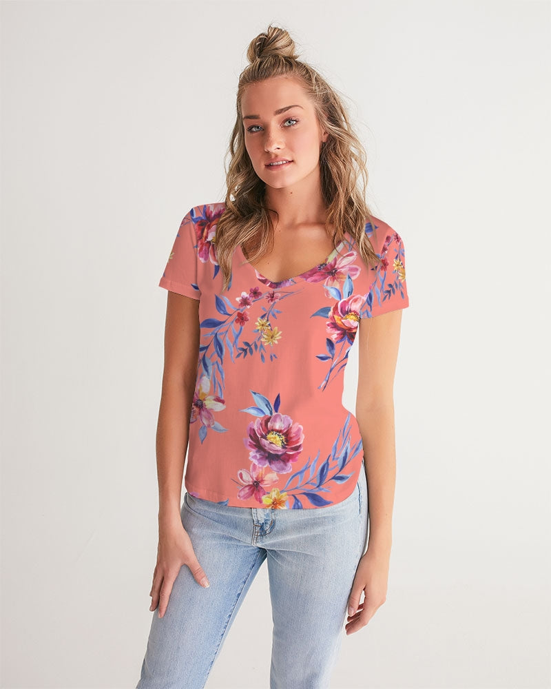 Peach Floral Women's V-Neck Tee