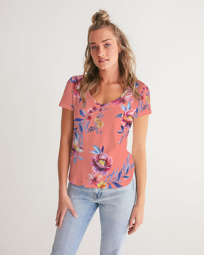 Peach Floral Women's V-Neck Tee
