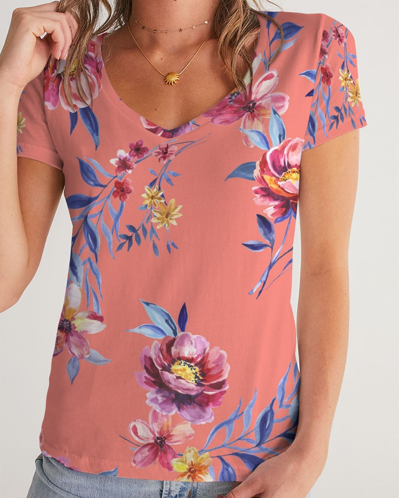 Peach Floral Women's V-Neck Tee
