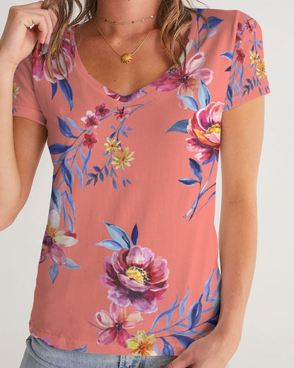 Peach Floral Women's V-Neck Tee
