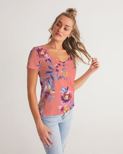 Peach Floral Women's V-Neck Tee