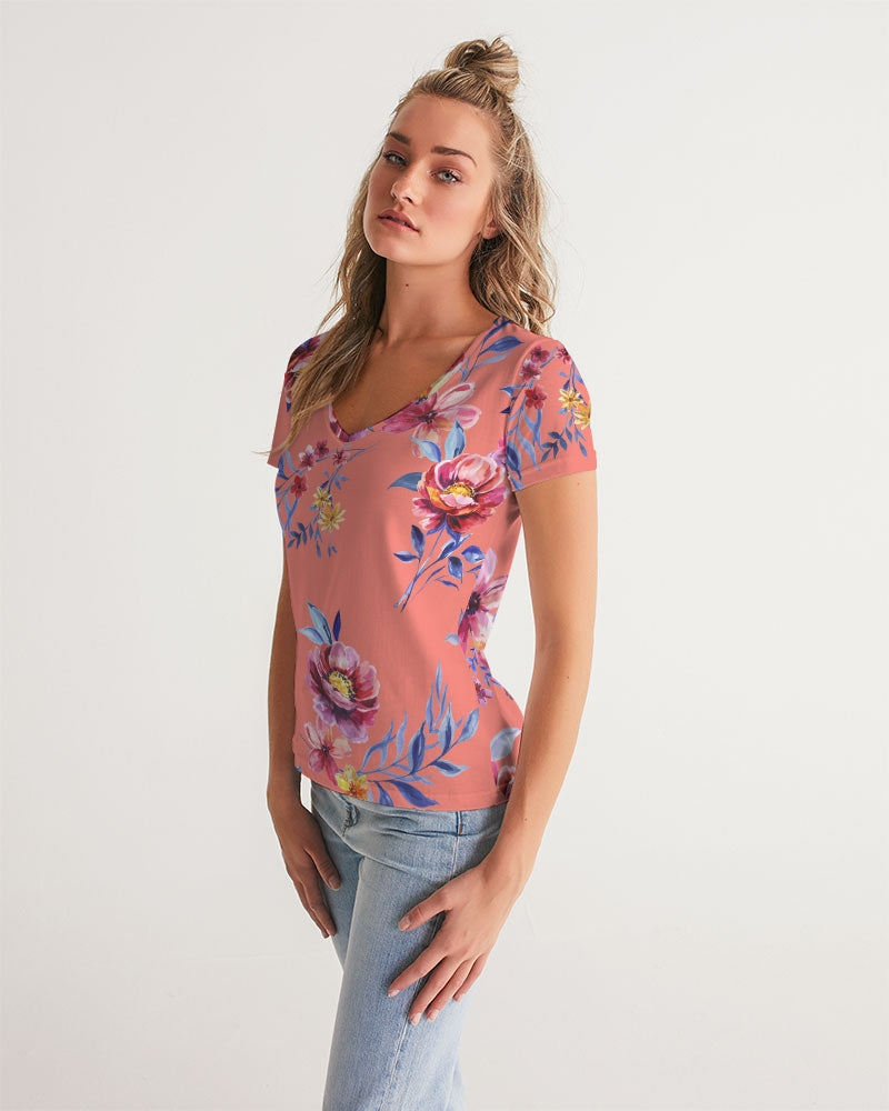 Peach Floral Women's V-Neck Tee