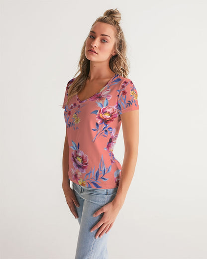 Peach Floral Women's V-Neck Tee