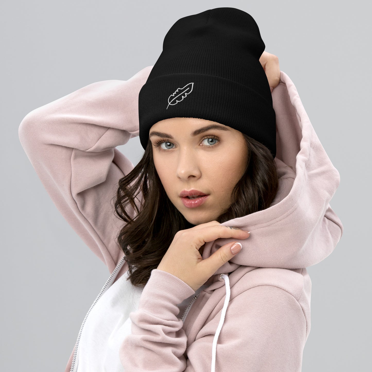 Feather Cuffed Beanie (White)