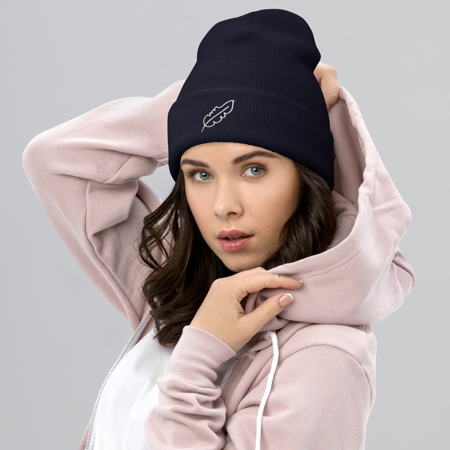 Feather Cuffed Beanie (White)