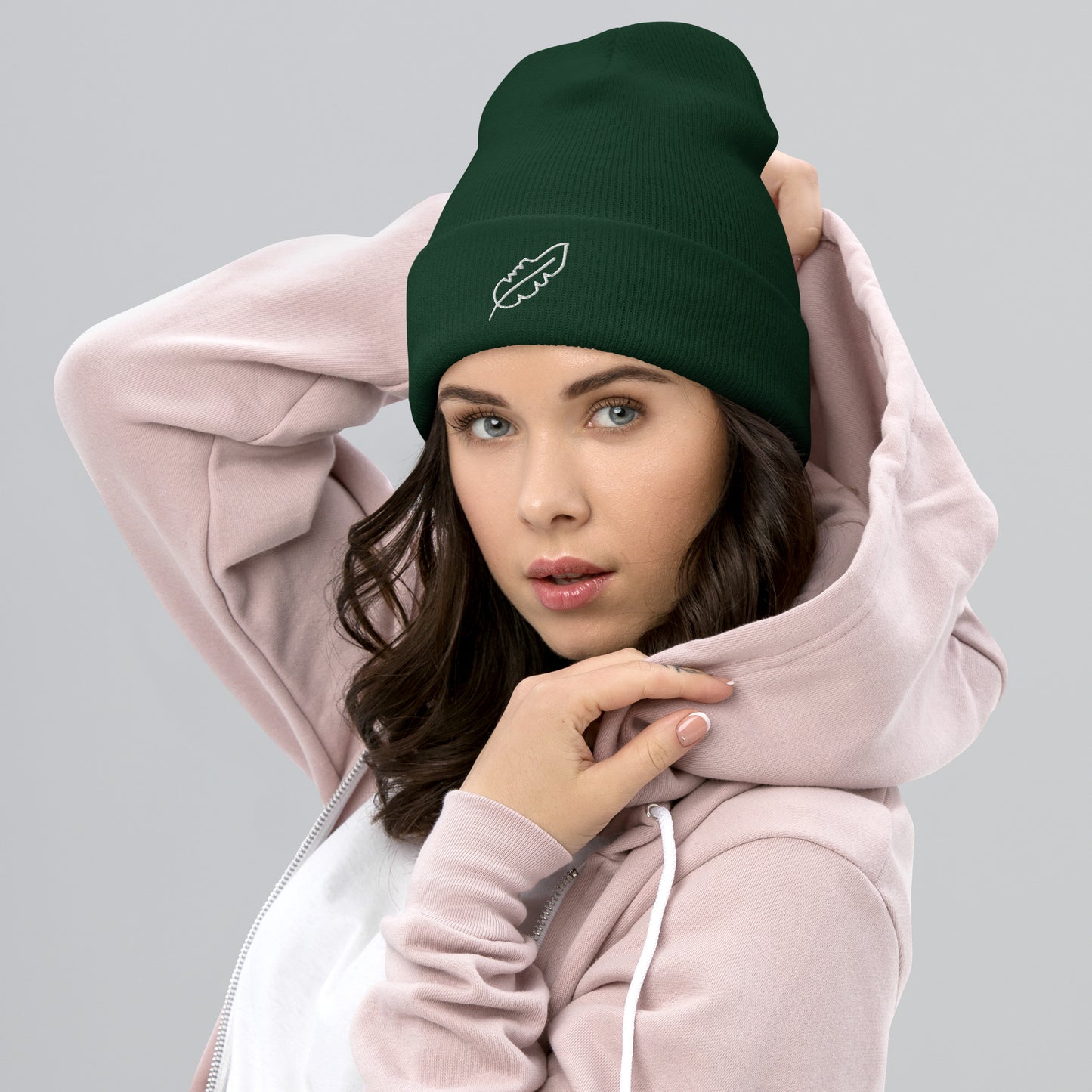 Feather Cuffed Beanie (White)